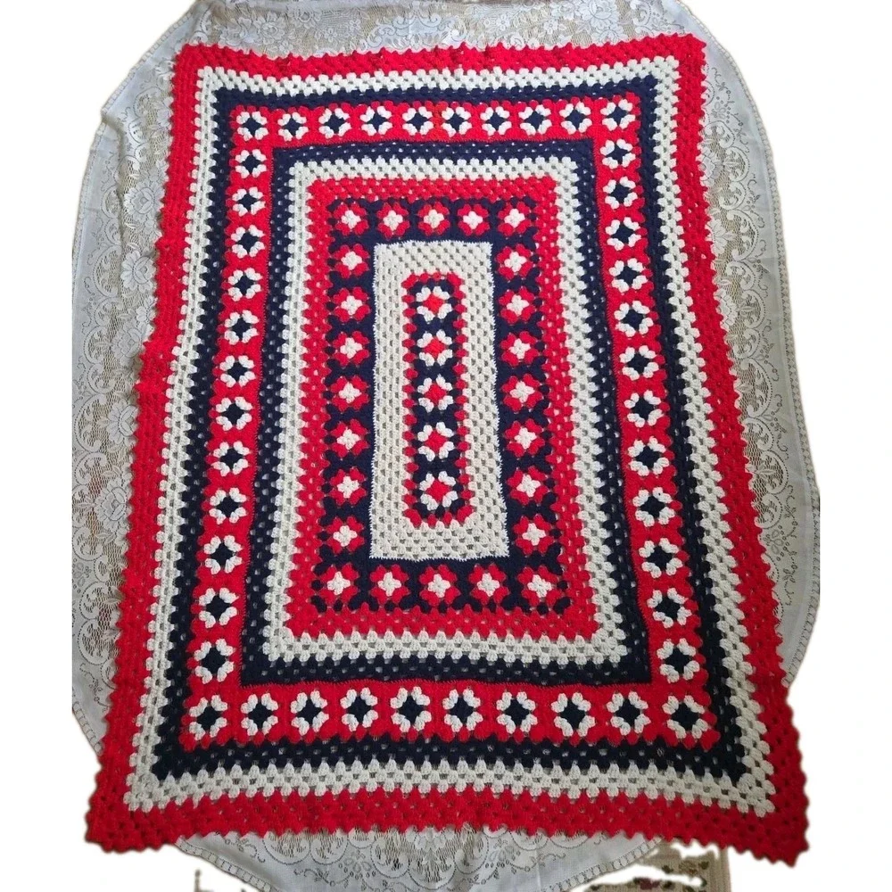 Crochet Granny Square Afghan Red White Blue 65